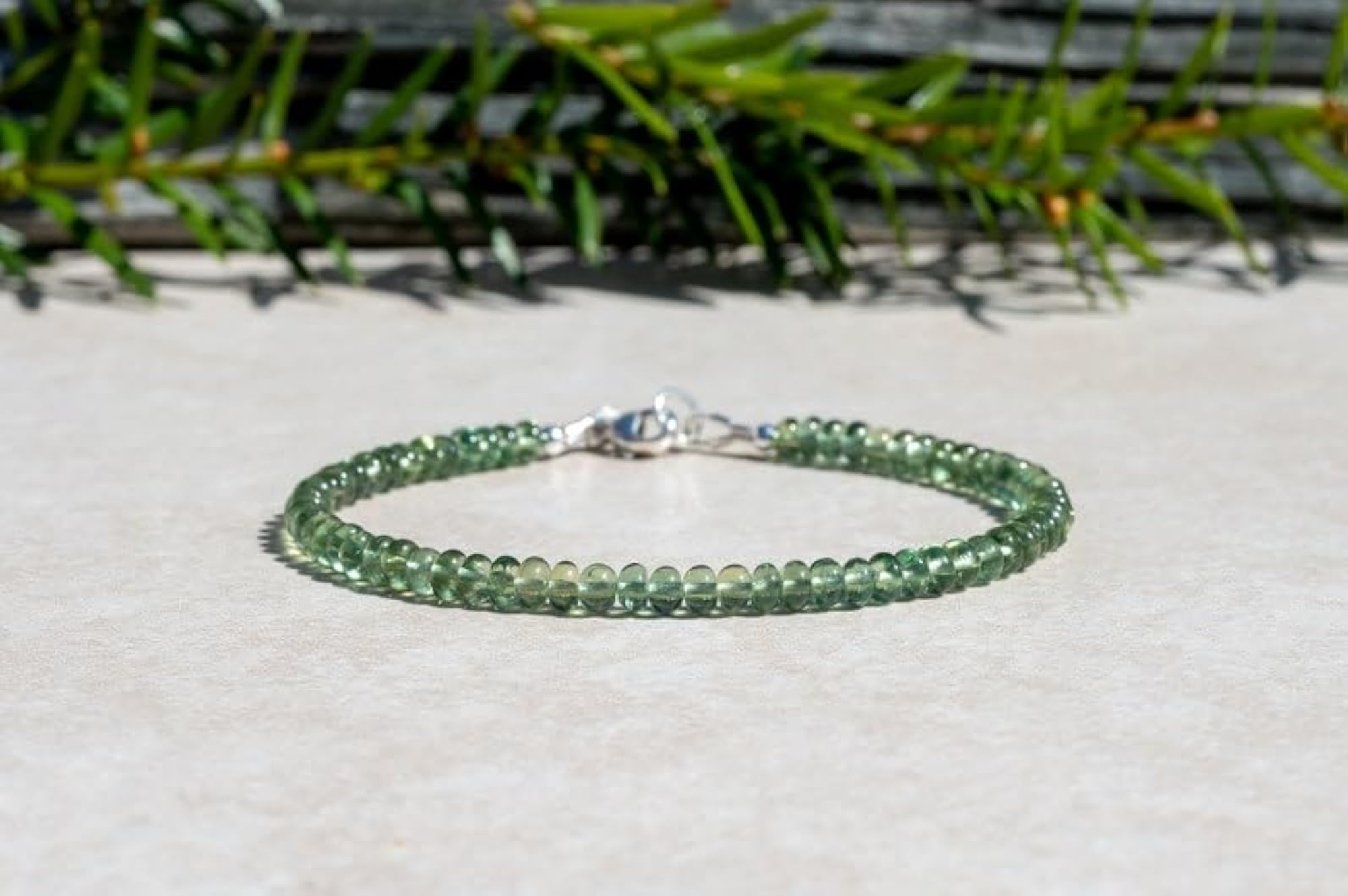 Green Apatite Rondelle Beaded Bracelet with Silver Lock, Adjustable