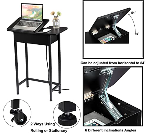 YAKANJ-Adjustable-Mobile-Laptop-Table-with-Wheels-Tilting-Top-Mobile-Laptop-Standing-Desk-for-Couch-End-Table-with-Charging-Station-for-Small-Spaces-Living-Room-Black
