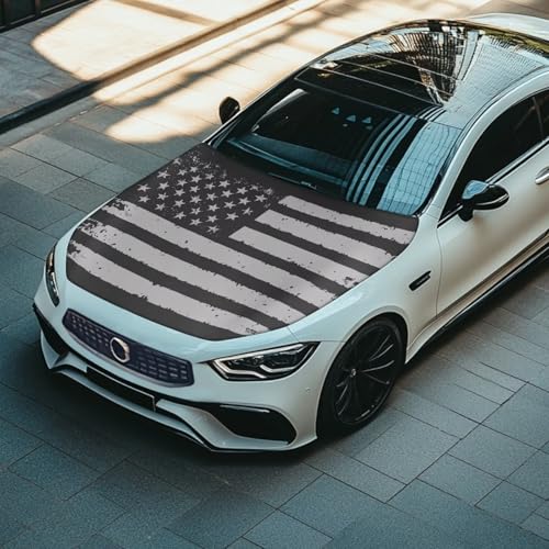 Image of 59x39 Inch Gray American Flag Car Hood Cover Protector Waterproof Car Hood Wrap Blankets Patriotism Auto Flag Universal Automotive Exterior Accessories for Summer