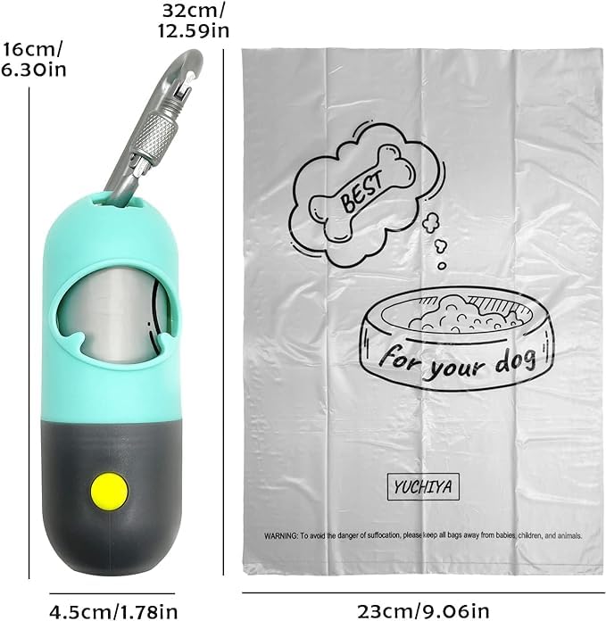 Image of YUCHIYA Dog Poop Bags Holder with UV Flashlight with 1 Roll of Leak-Proof Dog Waste Bags Black Light for for Pet Urine Detector with Built-in LR44 Batteries and Dog Walking Accessories (Mint Green)