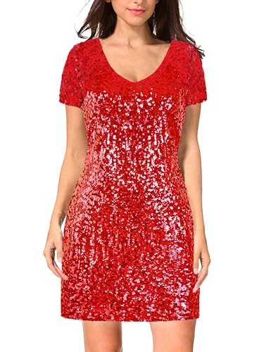 Image of MANER Women's Sequin Glitter Short Sleeve Dress Sexy V Neck Mini Party Club Bodycon Dresses