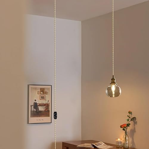 Miniatura 7 de Lámpara colgante de cristal enchufable con interruptor regulable, lámparas colgantes vintage para mesita de noche, comedor, vestíbulo, latón