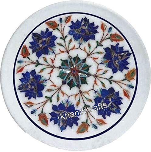 13 x 13 Inches White Round Marble Side Table Top Lapis Lazuli Stone Co