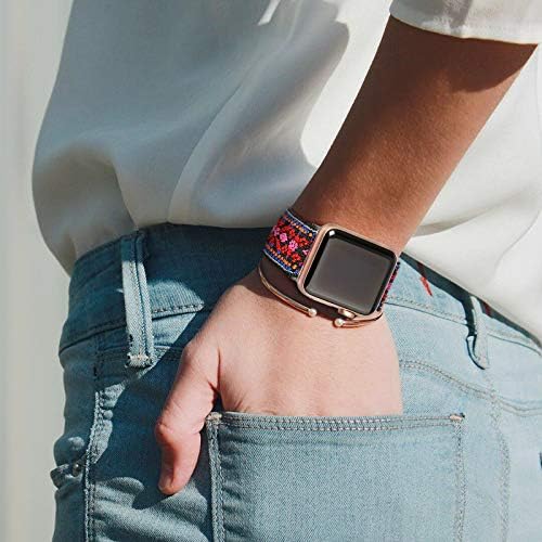 BMBEAR Stretchy Solo Loop Bands Compatible with Apple Watch 42mm 44mm 45mm 49mm Ultra Braided Elastic Weave Nylon Wristbands Women Men Straps for iWatch Series 8/7/6/5/4/3/2/1/SE Boho Red - 4