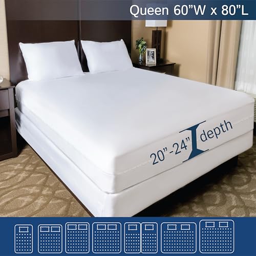 Super Deep Pocket Mattress Encasement - Queen - Zippered Bedbug Waterproof Protector for Very Deep Mattresses 20-24 inch Depth
