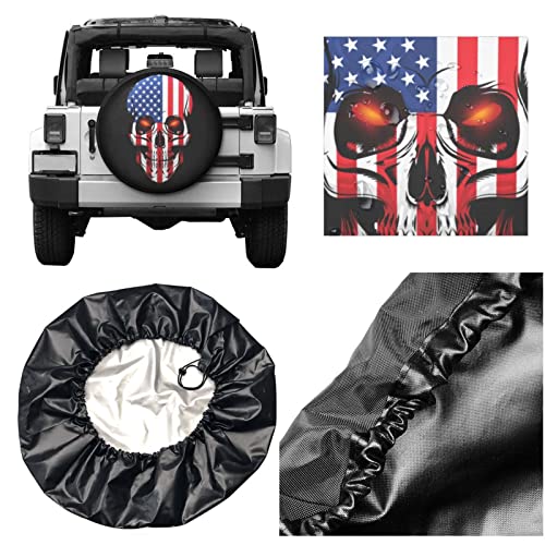 Image of American Flag Skull Patriotic Spare Tire Cover,Universal Wheel Tire Cover for Trailer, RV, SUV, Truck,Camper and Many Vehicle,Weatherproof Tire Protectors（15 inch for Diameter 27 inch-29 inch）