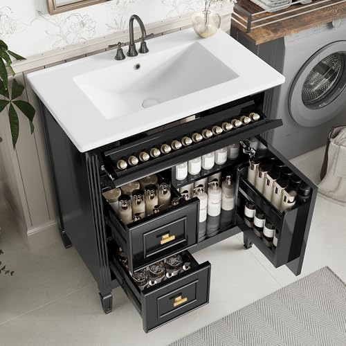 Harper & Bright Designs 30" Bathroom Vanity with Sink, Free Standing Vanity Set with Tip-Out Drawer, 2 Drawers, and Adjustable Shelf, Wood Bathroom Cabinet with Ceramic Basin for Bathroom, Black