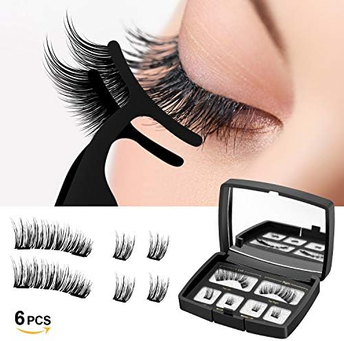 Magnetic Eyelashes Dual Magnets Fiber Fake Eyelashes, 3D Reusable Eyelashes Extensions, No Glue False Eyelashes with Tweezers 1 Pair/6Pcs (Black)