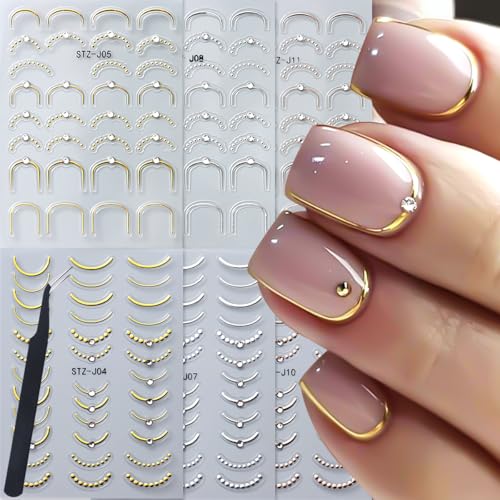 French Line Nail Art Sticker Decals,6 Sheets Self-Adhesive French Tip Nail Stickers with Rhinestone,Gold Silver Rose Metal Stripe Curve Nail Supplies Accessories with Tweezers for Manicure Decorations