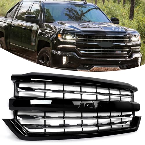 Front Grille Fit For 2016 2017 2018 Chevrolet Silverado 1500 Front Bumper Upper Gloss Black Grill Chrome Trim Replacement for 84134045 84602489 (Gloss Black Frame+Chrome Trim)