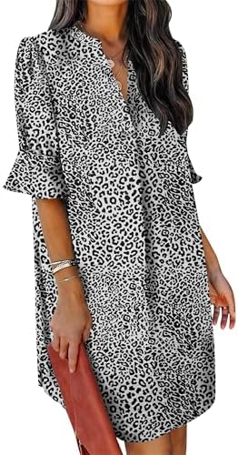 KISSMODA Womens Ruffle Half Sleeve Dress V Neck Summer Casual Shift Dresses Trendy Loose Classic Work Shirt Dress