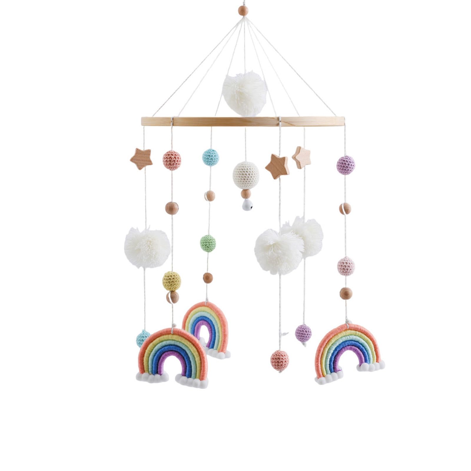 Baby Mobile para cuna, arco iris, estrella, móviles de cuna de pompones,cuna móvil para bebé,carillón de viento para bebé móvil de madera, regalo para bebés o niños