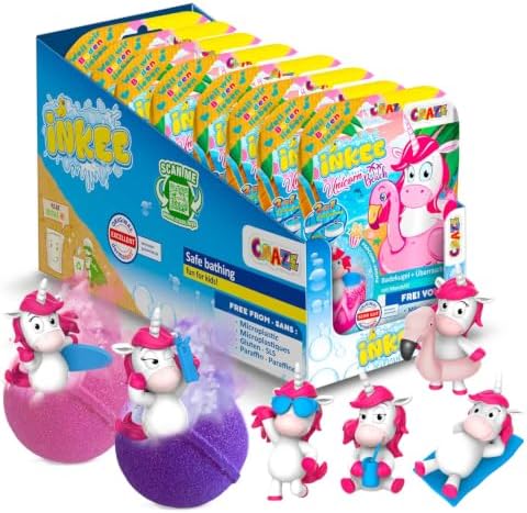 INKEE UNICORN BEACH - 8er Set Badekugeln Kinder mit Überraschung & Duft | 8x Einhorn Badebomben mit Sammelfigur - Süßes Popcorn Aroma - Ideal für den Adventskalender