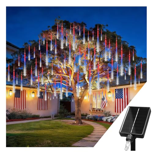 KNONEW 4th of July Solar Lights USA 250th Anniversary Red White and Blue Solar Lights 20 Tube 720 LED Waterproof Meteor Shower Lights for Independence National Memorial Day Decor