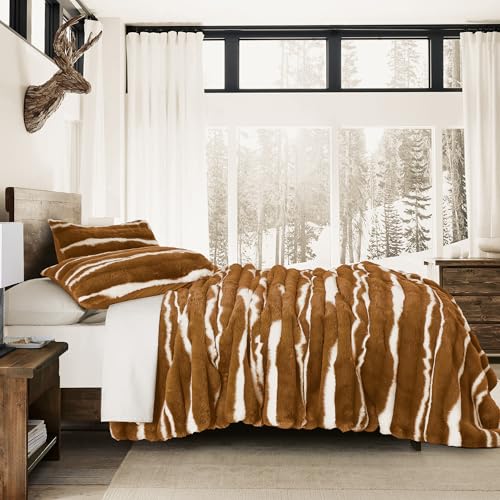 Image of Wonderful 3 Pieces Fluffy Faux Rabbit Fur Comforter Set King Size, Caramel Plush Fuzzy Bedding Set, Animal Stripes Design Warm Soft Comforter Bedding Set for All Season,104 inchx94 inch
