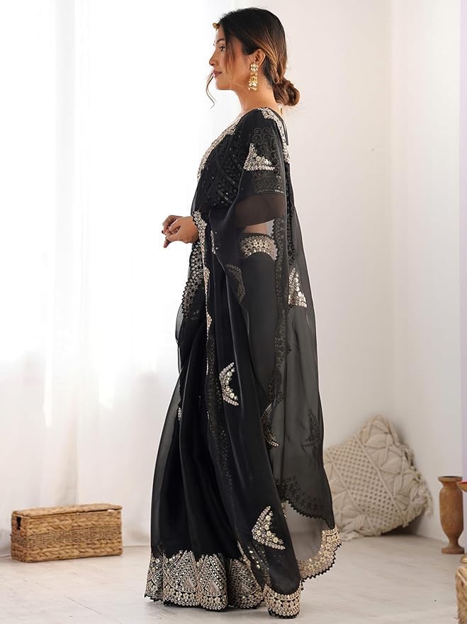 VIBRANCE Women's Tissue Silk Sequin Embroidery Scalloped Border Saree with Unstitched Blouse Piece