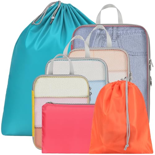 Cambond Compression Packing Cubes for Travel - 7 Set Multi-color See Through Mesh Compression Cubes for Travel Essentials with Large Laundry Bag, Luggage Packing Organizers Bags for Suitcases