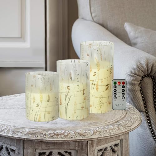 Image of Flickering Flameless Candles Leaf Print, Embedded Star String Lights, Battery Operated Acrylic LED Pillar Candles with 11-Key Remote and Timer for Home Decoration, 3 Pack