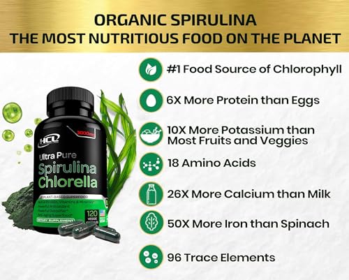 Hcl Herbal Code Labs SPIRULINACHLORELLA888 Chlorella Spirulina Powder Capsules Organic 3000 Mg Of Bmaa Free Purest Blue Green Algae - Best Natural Detox Raw Vegan Vitamins Protein Green Superfood thumb #3
