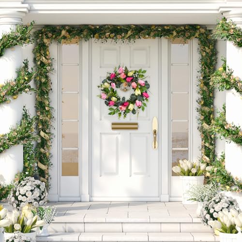 22-Tulip-Wreath-for-Front-Door-Spring-Summer-Floral-Wreath-with-Eucalyptus-Leaves-Money-Plant-Ferns-for-Indoor-Outdoor-Wall-Festival-Home-Farmhouse-Wedding-Easter-Home-Decor 22 Tulip Wreath for Front Door Spring Summer Floral Wreath with Eucalyptus Leaves Money Plant Ferns for Indoor Outdoor Wall Festival Home Farmhouse Wedding Easter Home Decor