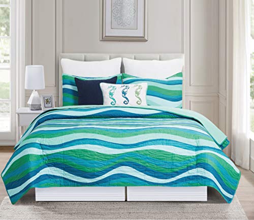 C&F Home Deep Blue Sea Waves King 3 Piece Quilt Set with 2 Shams All Season Reversible Lightweight Microfiber Summer Beach Ocean Coastal Bedspread Coverlet King 3 Piece Set Aqua - Image 2