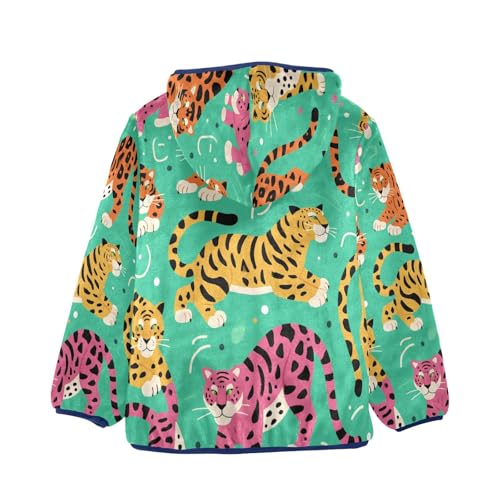 Tiger Print on Green Background Toddler Fleece Jacket Girl Boys Hooded Fleece Jacket Coat Warm Outwear Zip-up 3-10T2