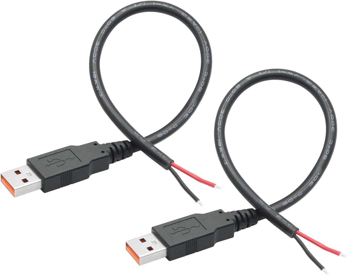 USB Type-A Male Plug Bare Wire Cable, 18AWG 5V 6A USB A Plug to 2 Pin Bare Open End Connector for DIY Equipment Repair, 30cm Cable Length (2Pcs)