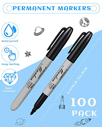Thenshop 100 Pack Black Permanent Markers Bulk - Fine Point Permanent Marker Quick Drying Waterproof Pens for Doodling Writing Marking Classroom Work on Wood Metal Stone Glass, Office School Supplies - Image 3