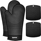 Silicone Oven Mitts with Silicone Trivet, Extra Long Wrist Care & Extreme Heat Resistant Pot Holder with Non-Slip Textured Grip, Safe for Cooking, Baking, Microwave oven, Smoker Oven, BBQ [Black]