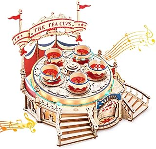 ROBOTIME 3D Puzzle Music Tea Tray, Mechanical Wooden Model Kits for Adult, Model Building Construction Kits with Tilt and Whirl Tea Cups, Romantic