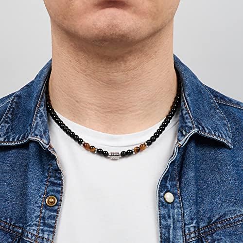 TreasureBay Handmade Mens Tigers Eye Onyx Beaded Necklace Chain Natural Gemstones Healing Crystal Jewellery (Black Onyx/Tiger's Eye)