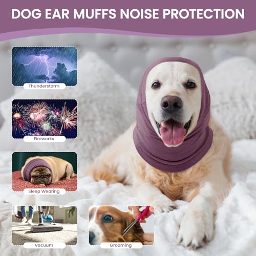 Image of BRKURLEG Dog Calming Hoodie, Ear Muffs for Noise Protection, Dog Head Cover Sleeves Ears Covers, Pet Ear Covers Hood for Anxiety Relief, Hematoma, Grooming and Force Drying, Purple, L