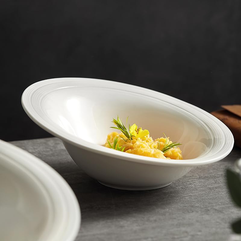 Talerze do makaronu, ceramiczne talerze deserowe zastawa stołowa biała porcelanowa ukośny talerz obiadowy sałatka domowa potrawy kuchenne deser miska na owoce restauracja zastawa stołowa naczynia