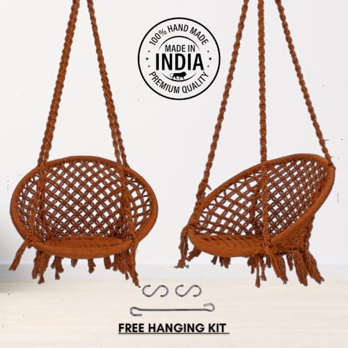 Image of Patiofy Cotton Round Swing Chair for Adults and Kids /Swing for Home /Swing for Balcony /Jhula for Adults /Jhoola for Living Room /Swing for Indoor & Outdoor /with Hanging Kit (Brown)