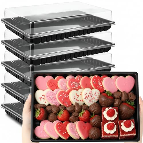Image of Shellwei 5 Pack Extra Large Valentine's Day Charcuterie Board with Lids 15 x 10 Inch Catering Cookie Trays Plastic Serving Tray Fruit Chocolate Desserts Reusable Platter for Travel Valentine Party