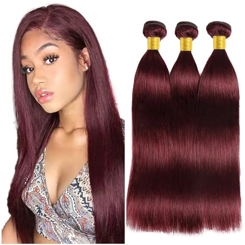 Extensiones de pelo natural liso color vino de 22 a 26 pulgadas, 3 cortinas de pelo brasileño