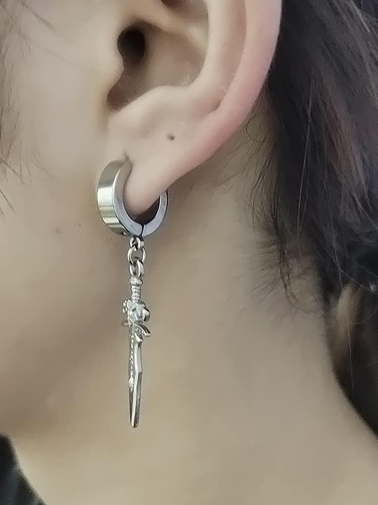 No Piercing Clip On Black Punk Sword Dangle Drop Small Hoop Earrings for Men Women Fake Pierced Punk Kpop Religious Christian Hypoallergenic Stainless Steel Hanging Cool Birthday Bff Gift - Image 4