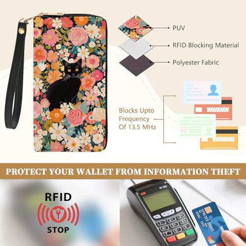 Cat Womens Wallet,Black Cat Wristlet Wallet for Women RFID Blocking,Ladies Purse with Zip Around Credit Card Phone Holder, Travel Capacity Women's Wallets Hand Strap, Flower Bush Clutch Organizer4