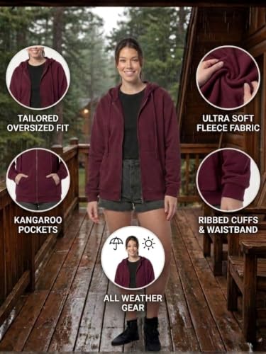 Image of Women's Fleece Fabric Zipper Hooded Jacket Loose Fit /Oversized, Drawstring | Plus Size Also Available