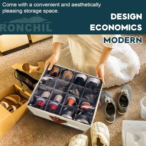 Image of 2 Pack Shoe Organizer for Closet Foldable Storage Box with Clear Cover | Fits 16-32 Pairs Boots and Heels Sneaker Sandals Stackable with Adjustable Divider Space Saving Dorm White