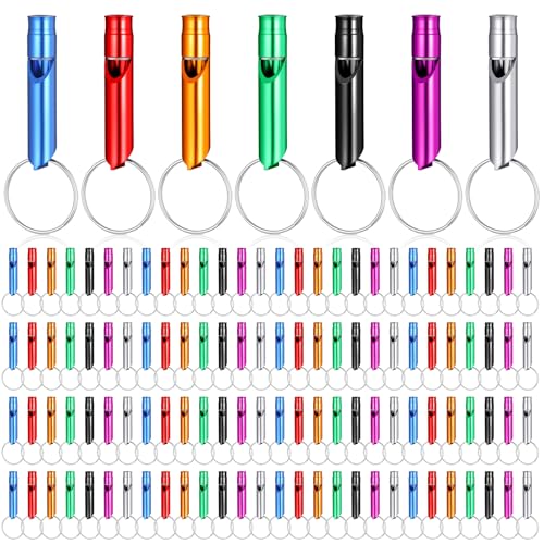 Xyembu 120 Pcs Bulk Emergency Whistles Aluminum Survival Whistle with Keychain 7 Colors Extra Loud Safety Whistle for Camping Hiking Hunting Fishing Boating Outdoor Sports