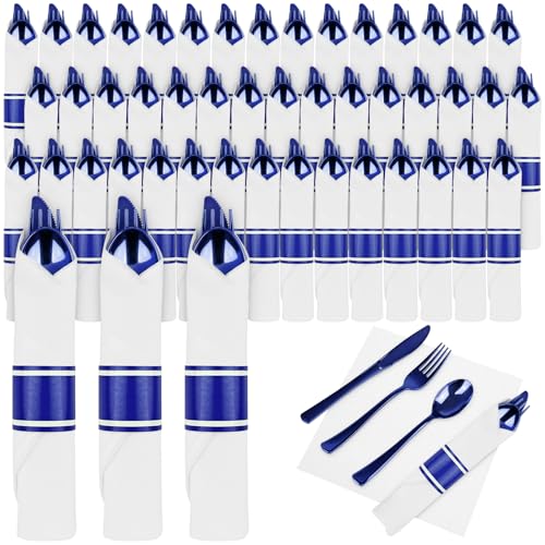 Blue pre-rolled plastic silverware set with napkins, 100 pcs