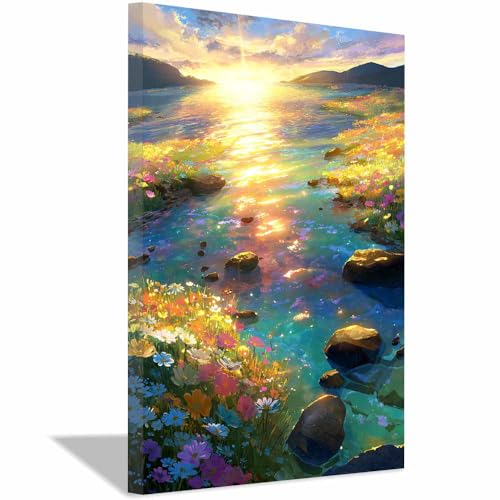 Peinture à l'huile paysage de lac et mer décoration murale dorée encadrée 40x60cm