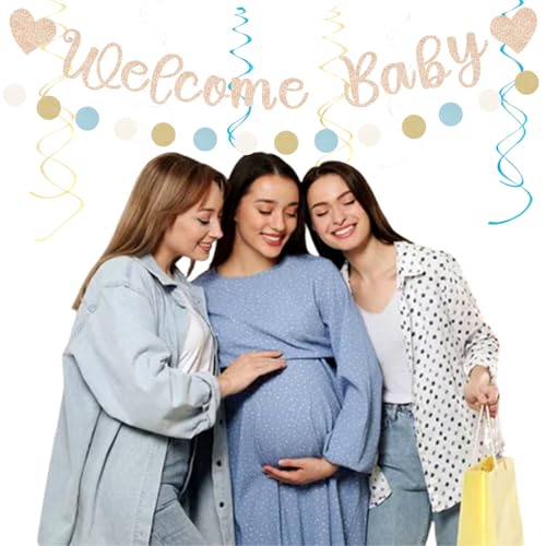 Image of Light-Dusty Blue Beige-Champagne Baby-Shower Party-Decorations - 31pcs Welcome Home Banner Sign,Boy Paper Lanterns,Neutral Streamers Garland,Boho Tissue Pom Poms Flowers Fans Backdrop Decor Burgleda