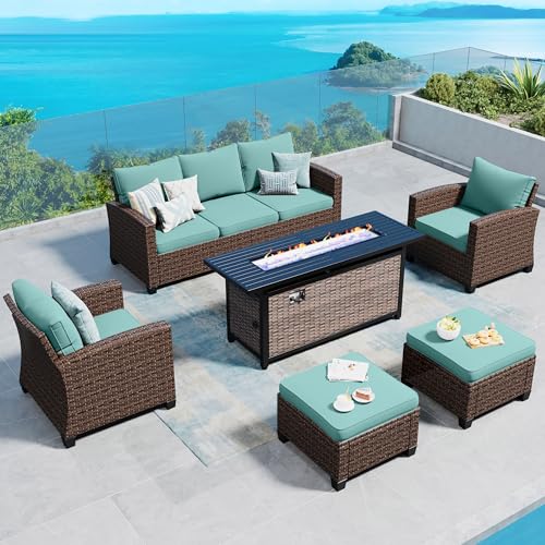 SUNSHINE VALLEY Patio Furniture Set Outdoor Furniture Brown Wicker Rattan Patio Conversation Sets with Cushion Outside Sofa Set,5 Pieces with Rectangular Firepit Table,7 Seats,Blue