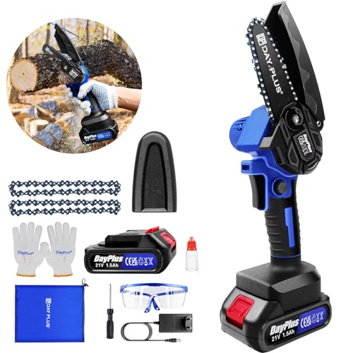 Mini Motosierra Bateria 4 Pulgadas,21V Motosierra Eléctrica，sierra podar electrica con1x1500mAh baterías y 2 cadenas, Con cerradura de Seguridad para cortar árboles de jardín y podar ramas