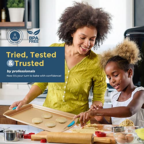 Cookie Sheet Baking Pan 2 Piece Set, Gold Nonstick Trays With Blue Silicone Hand Grips Oven Bakeware Pans Set, Premium Quality Carbon Steel Baking Tray Sheets By Perlli #TOP6