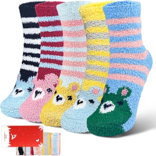 SISOSOCK Fuzzy Socks for Women Cute Cat Paw 5 Pairs Winter Fluffy Cozy Plush Slipper Socks With Gift Box for Women Girls Gifts