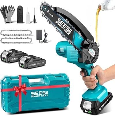 SEESII Mini Chainsaw 6 inch,Cordless Chainsaw w/ 2x2000mAh Batteries,Oiler System & Replacement Chain,Handheld Electric Chain Saw w/Safety Lock,Battery Powered Chainsaw for Wood Tree Cutting, M6 Plus