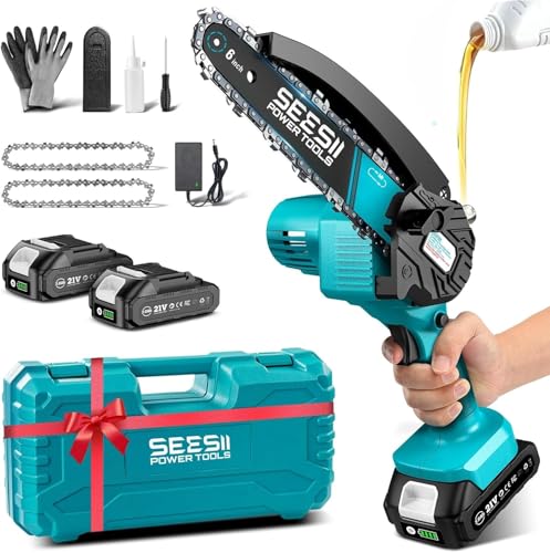 SEESII Mini Chainsaw 6 inch,Cordless Chainsaw w/ 2x2000mAh Batteries,Oiler System & Replacement Chain,Handheld Electric Chain Saw w/Safety Lock,Battery Powered Chainsaw for Wood Tree Cutting, M6 Plus